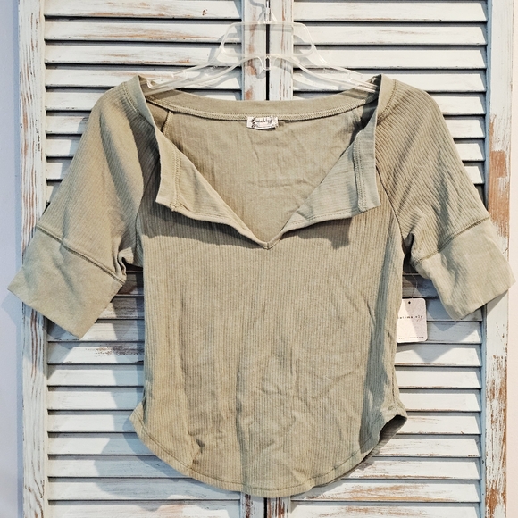FREE PEOPLE INTIMATELY SHORT SLEEVE CROP TOP M Green Tea Leaves Ribbed Shirt NWT - Picture 1 of 8